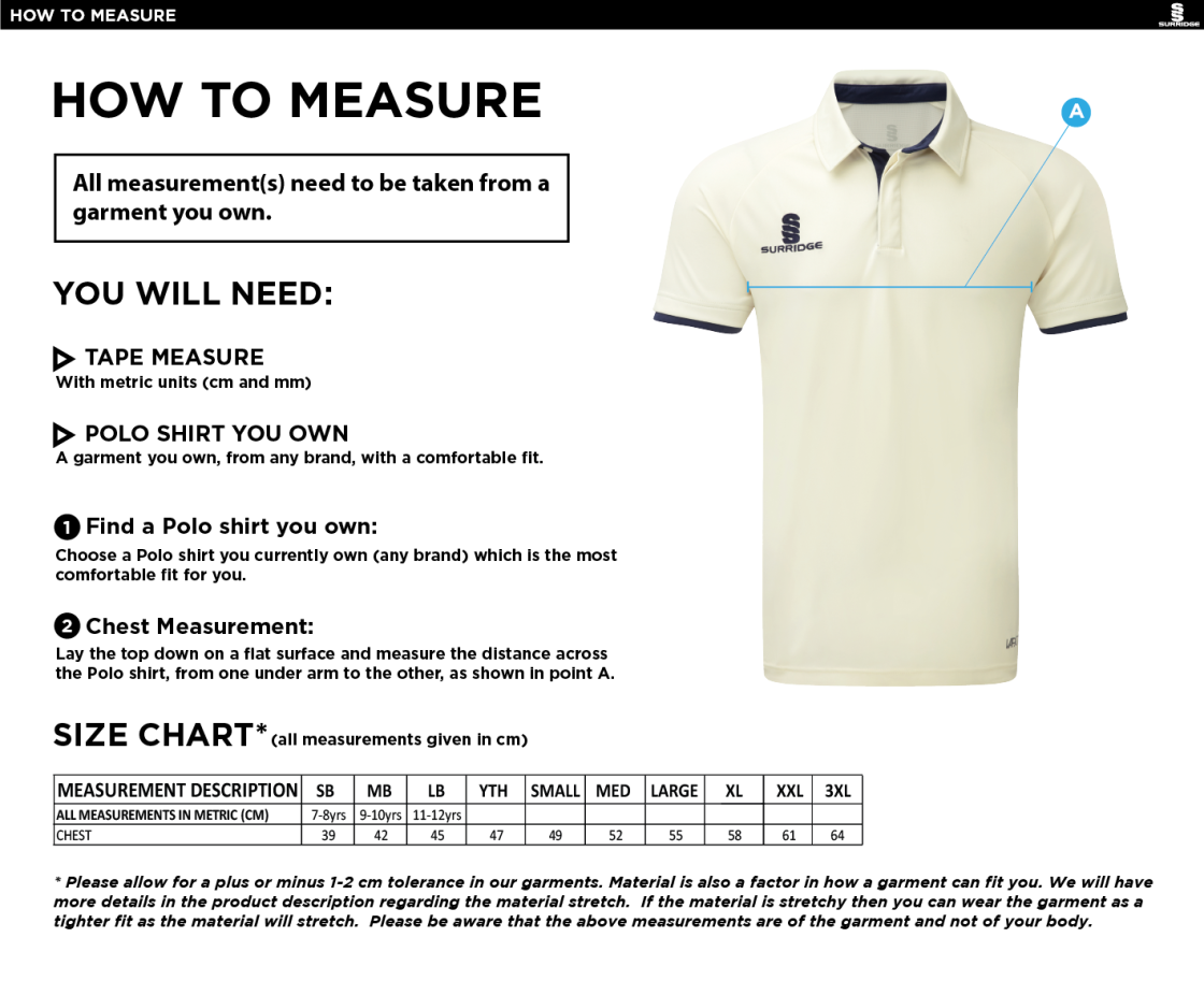 Grimsargh CC - Ergo Short Sleeve Green Trim Shirt - Size Guide