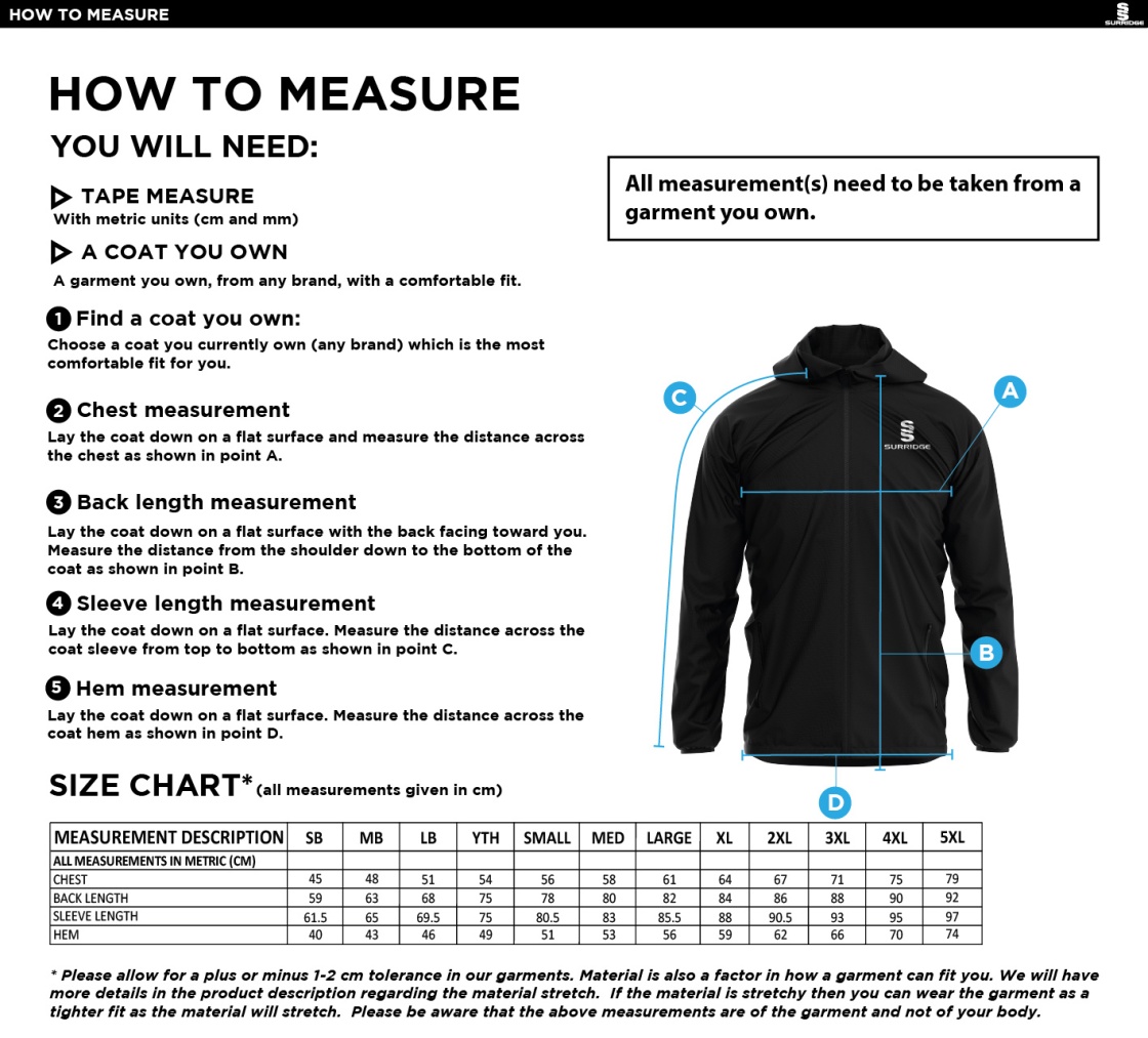 Grimsargh CC - Training Jacket - Size Guide