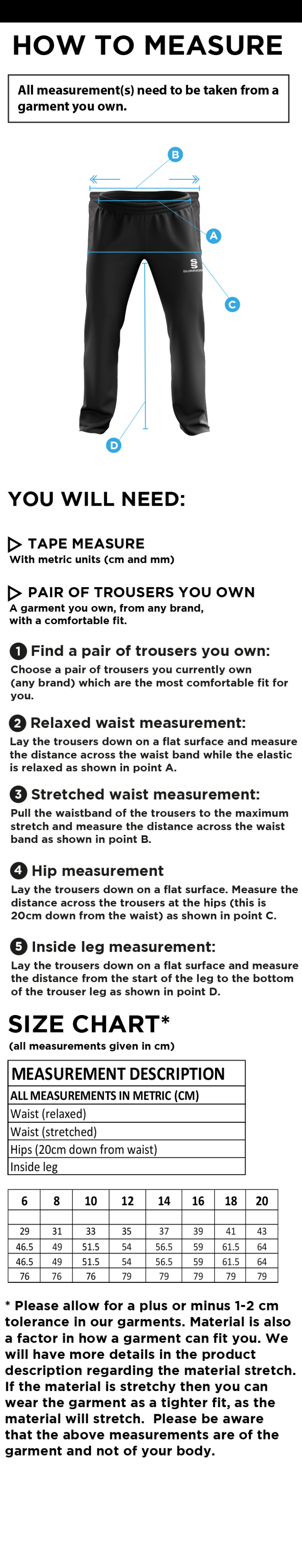 Grimsargh CC - Women's Ripstop Track Pant - Size Guide