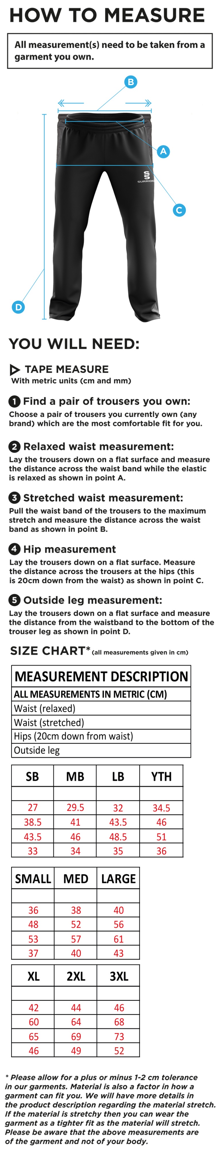 Grimsargh CC - Ripstop Track Pant - Size Guide