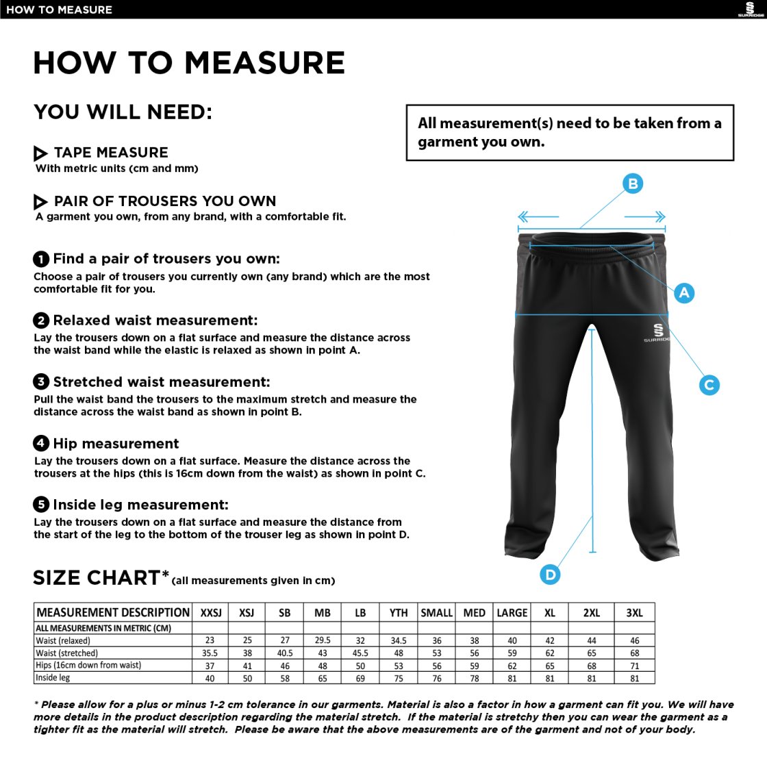 GRIMSARGH CC Classic Tracksuit Pant With Thigh Length Zip Black Mens - Size Guide