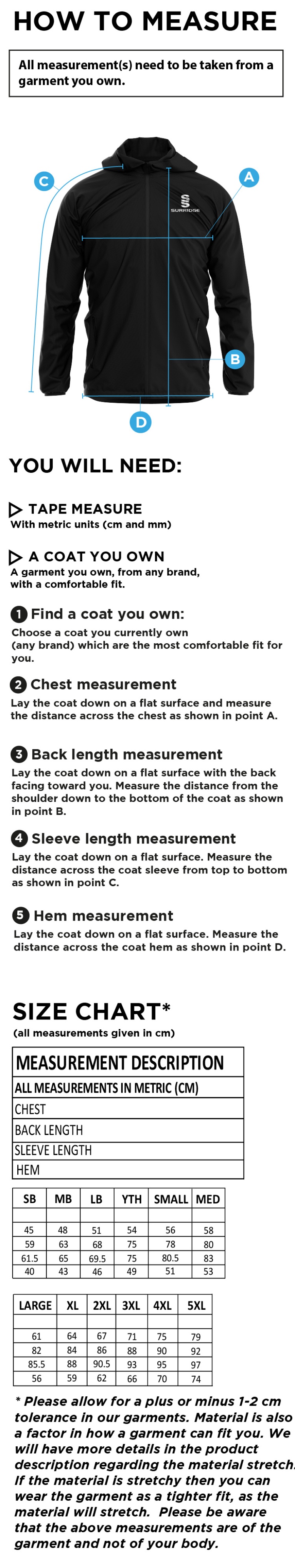 Grimsargh CC - Training Jacket - Size Guide