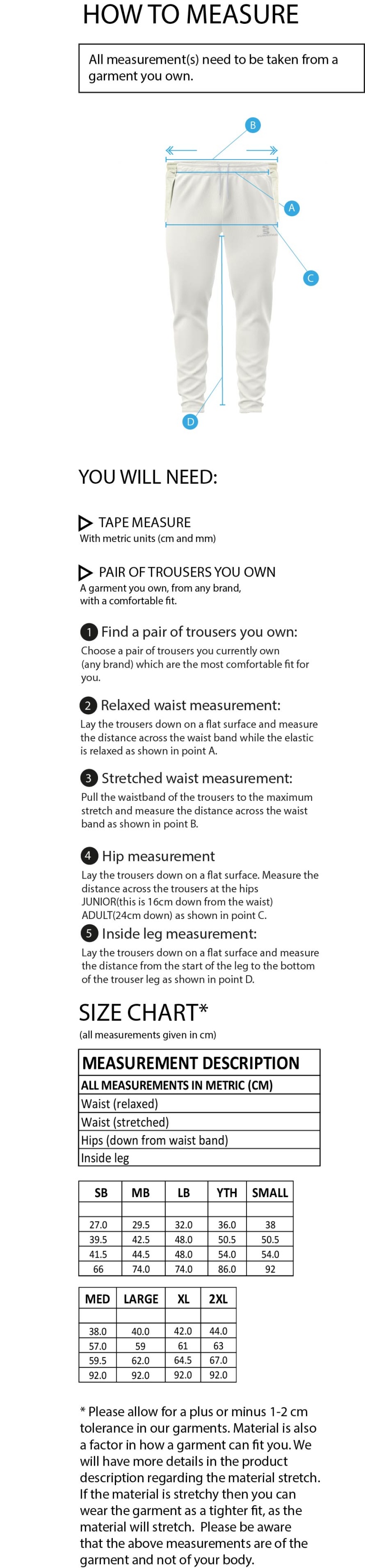 Grimsargh CC - Blade Playing Pant - Size Guide