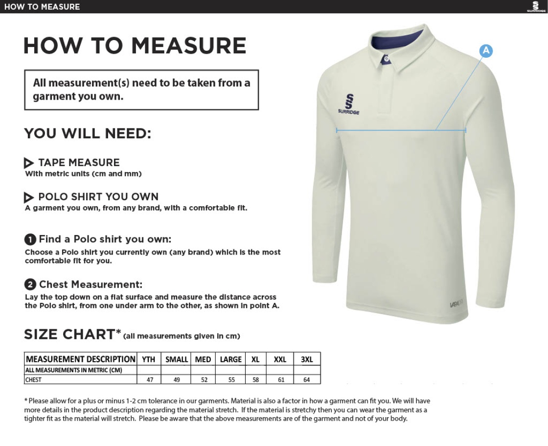 Grimsargh CC - Ergo Long Sleeve Green Trim Shirt - Size Guide