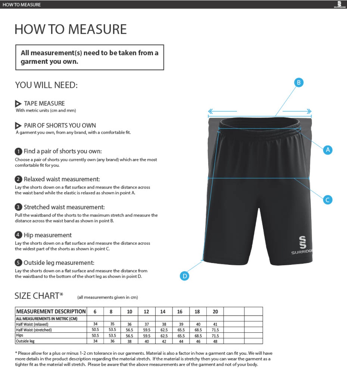 Grimsargh CC - Women's Ripstop Short - Size Guide