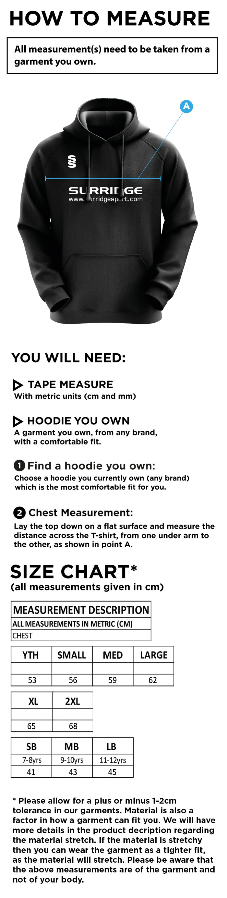 Grimsargh CC - Blade Hoody - Size Guide