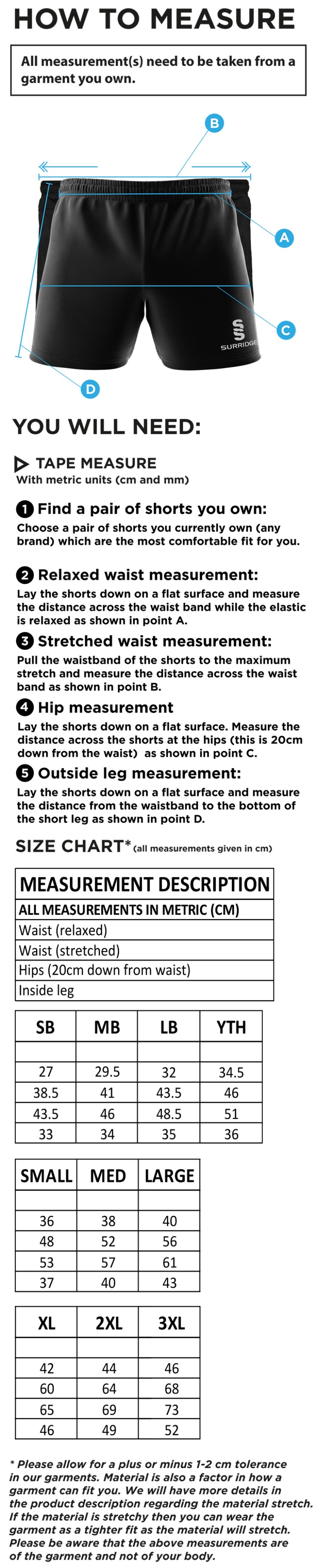 Grimsargh CC - Dual Short Black - Size Guide