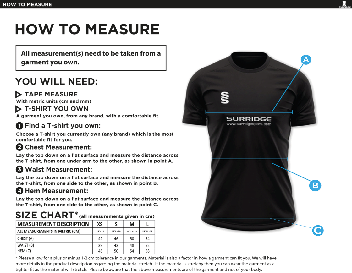 Grimsargh CC - Women's Dual Polo Shirt - Size Guide
