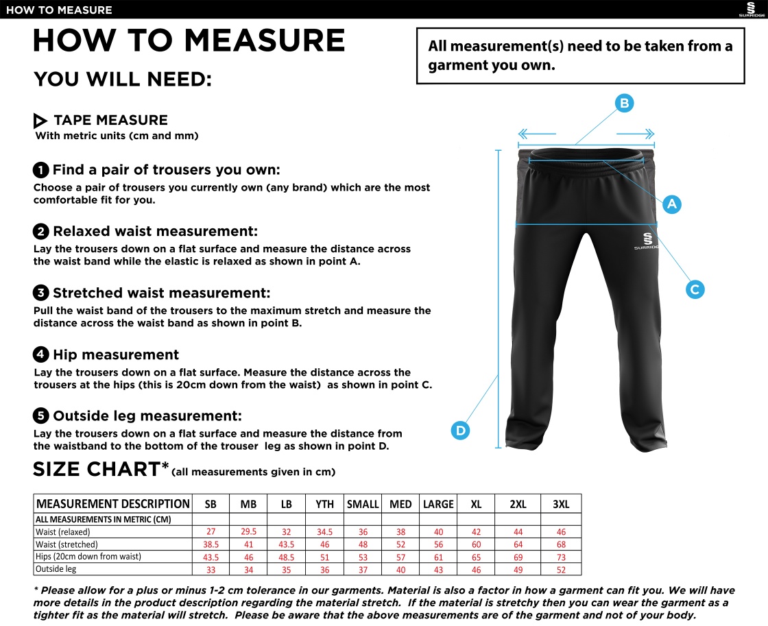 Grimsargh CC - Ripstop Track Pant - Size Guide