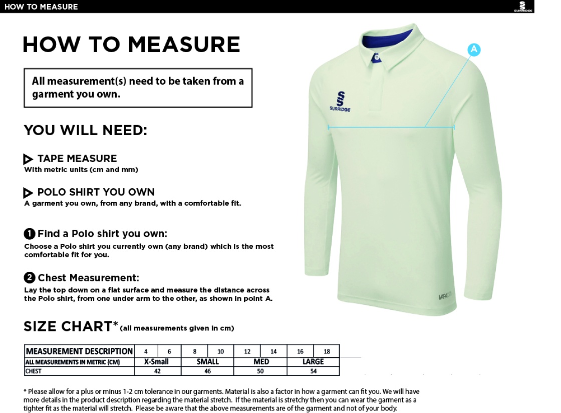 GRIMSARGH CC DUAL LONG SLEEVE CRICKET SHIRT (WOMENS)-Ivory - Size Guide