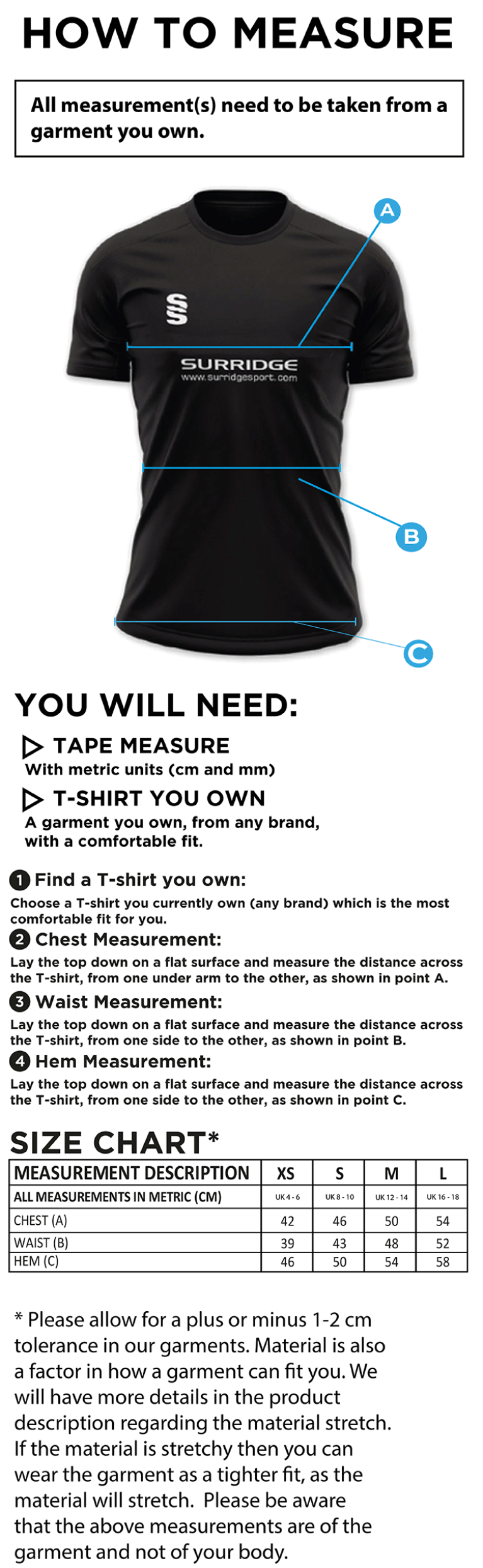 Grimsargh CC - Women's Dual Games Shirt - Size Guide