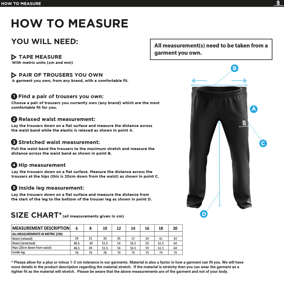 GRIMSARGH CC Classic Tracksuit Pant With Thigh Length Zip Black Female - Size Guide