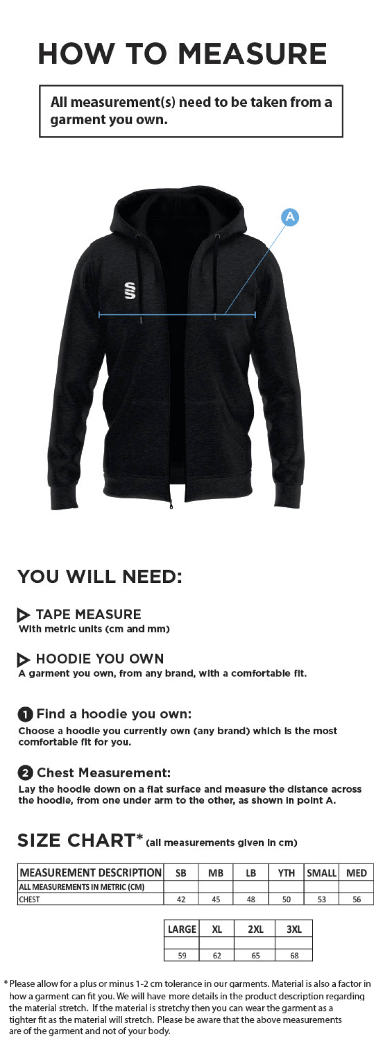 Grimsargh CC - Dual Hoody - Size Guide